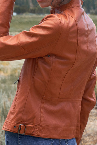 Rust Vegan Leather Long Sleeve Biker Jacket Look Up Deals