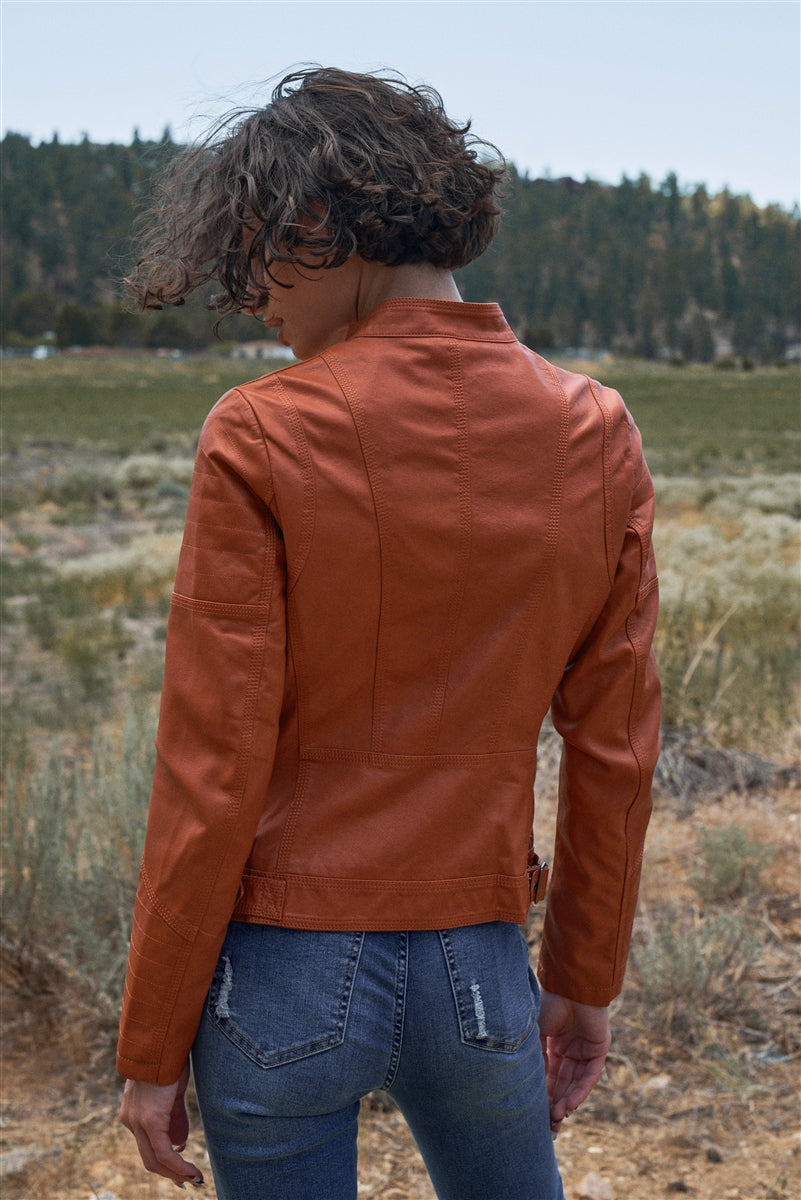 Rust Vegan Leather Long Sleeve Biker Jacket Look Up Deals