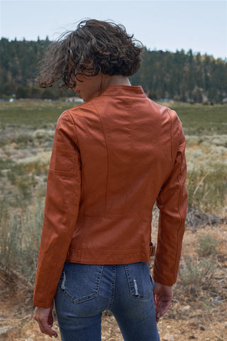 Rust Vegan Leather Long Sleeve Biker Jacket Look Up Deals