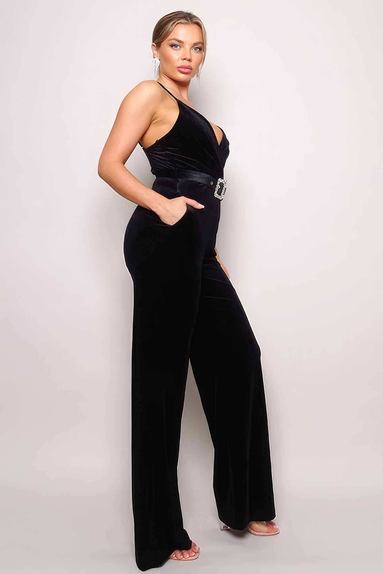 Samba Rhinestone Belt Velvet Jumpsuit Look Up Deals