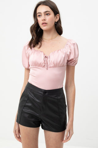 Satin Bodysuit With Front Neck Tie And Scooped Neck Look Up Deals