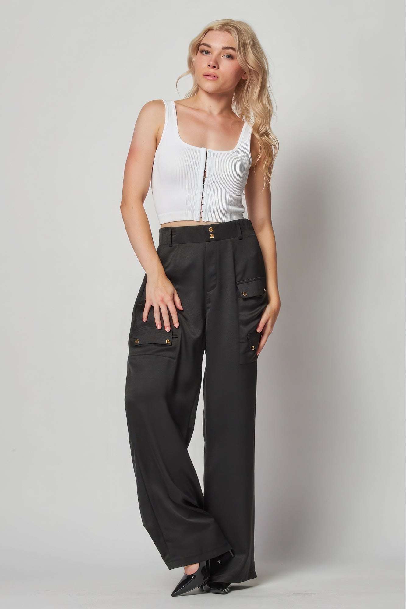 Satin Cargo Pocket Wide Leg Pants Look Up Deals