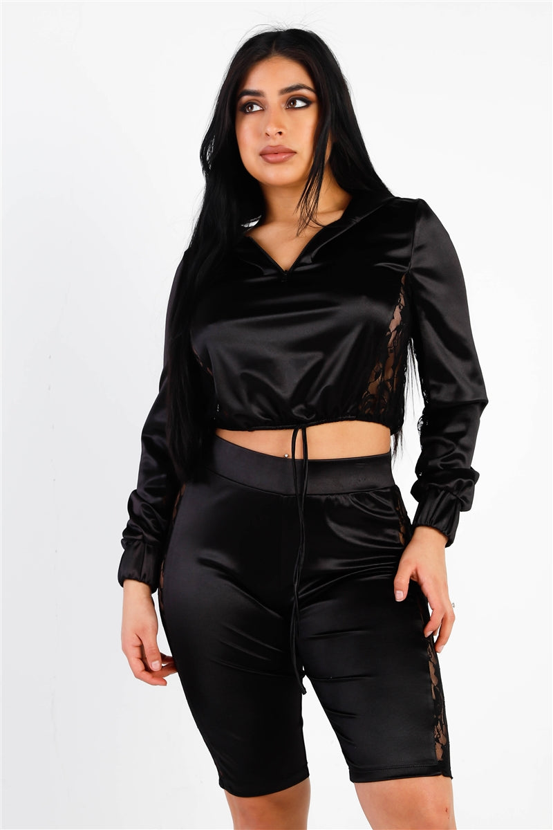 Satin Lace Details Long Sleeve Hooded Crop Top & Biker Short Set Look Up Deals