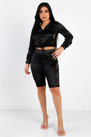 Satin Lace Details Long Sleeve Hooded Crop Top & Biker Short Set Look Up Deals