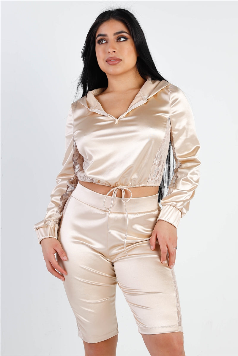 Satin Lace Details Long Sleeve Hooded Crop Top & Biker Short Set Look Up Deals