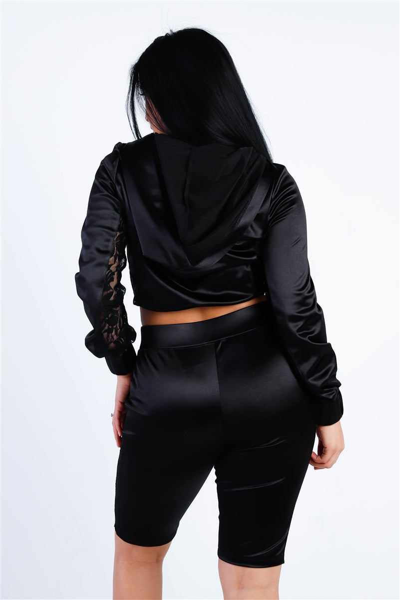 Satin Lace Details Long Sleeve Hooded Crop Top & Biker Short Set Look Up Deals