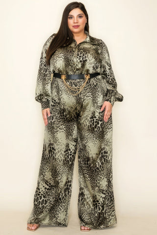 Satin Leopard Long Sleeve Button Down Palazzo Jumpsuit Look Up Deals