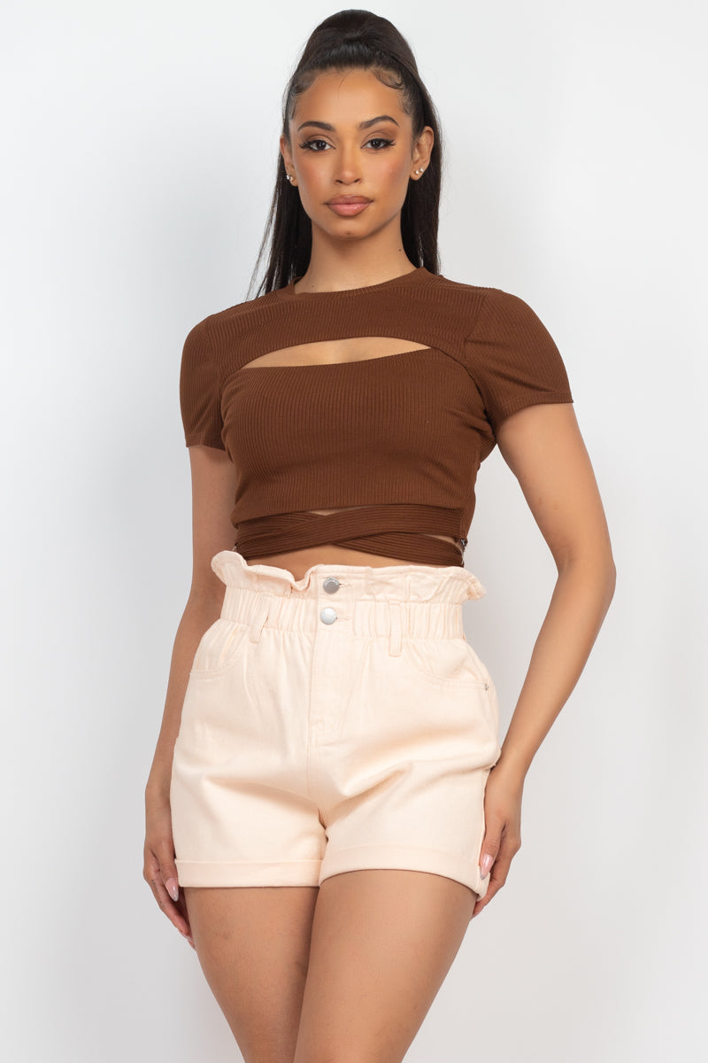 Self-tie Ribbon Front Cutout Crop Top Look Up Deals