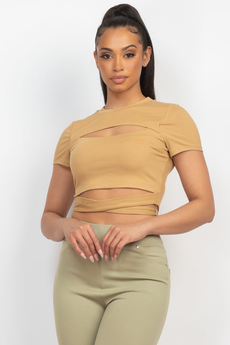 Self-tie Ribbon Front Cutout Crop Top Look Up Deals