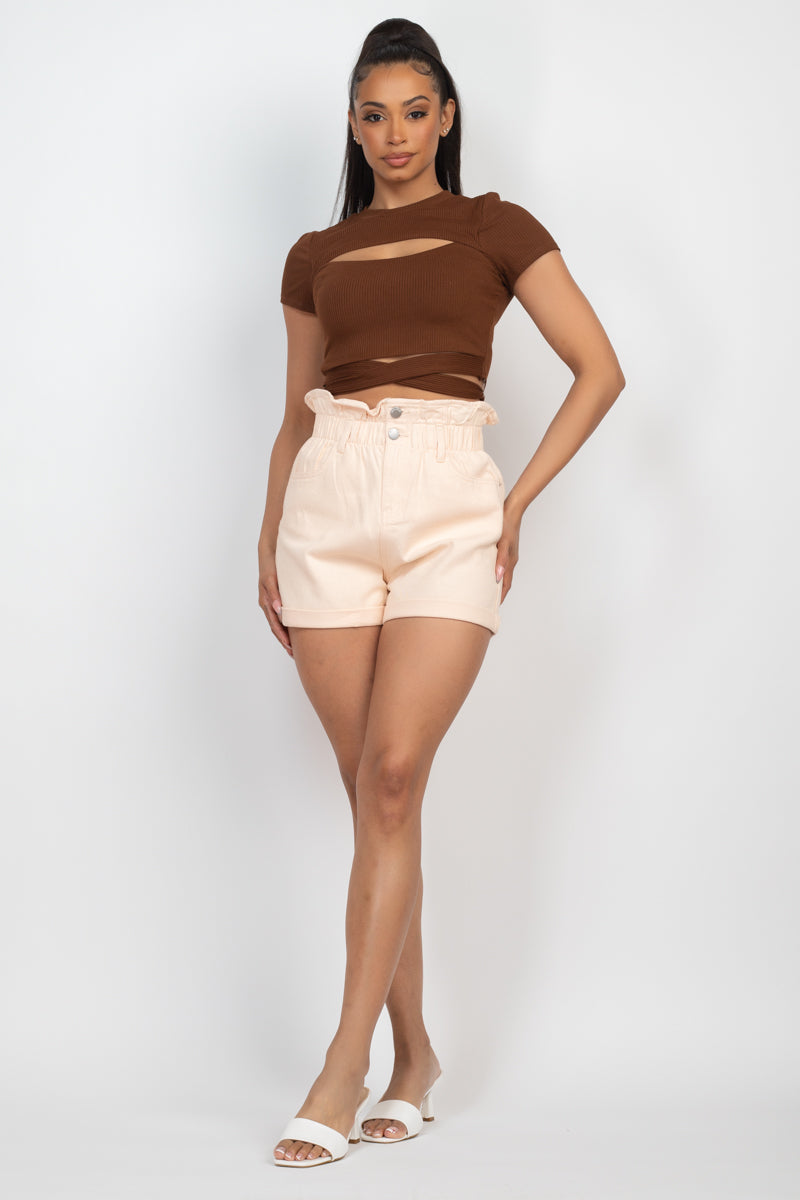 Self-tie Ribbon Front Cutout Crop Top Look Up Deals