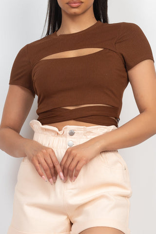 Self-tie Ribbon Front Cutout Crop Top Look Up Deals