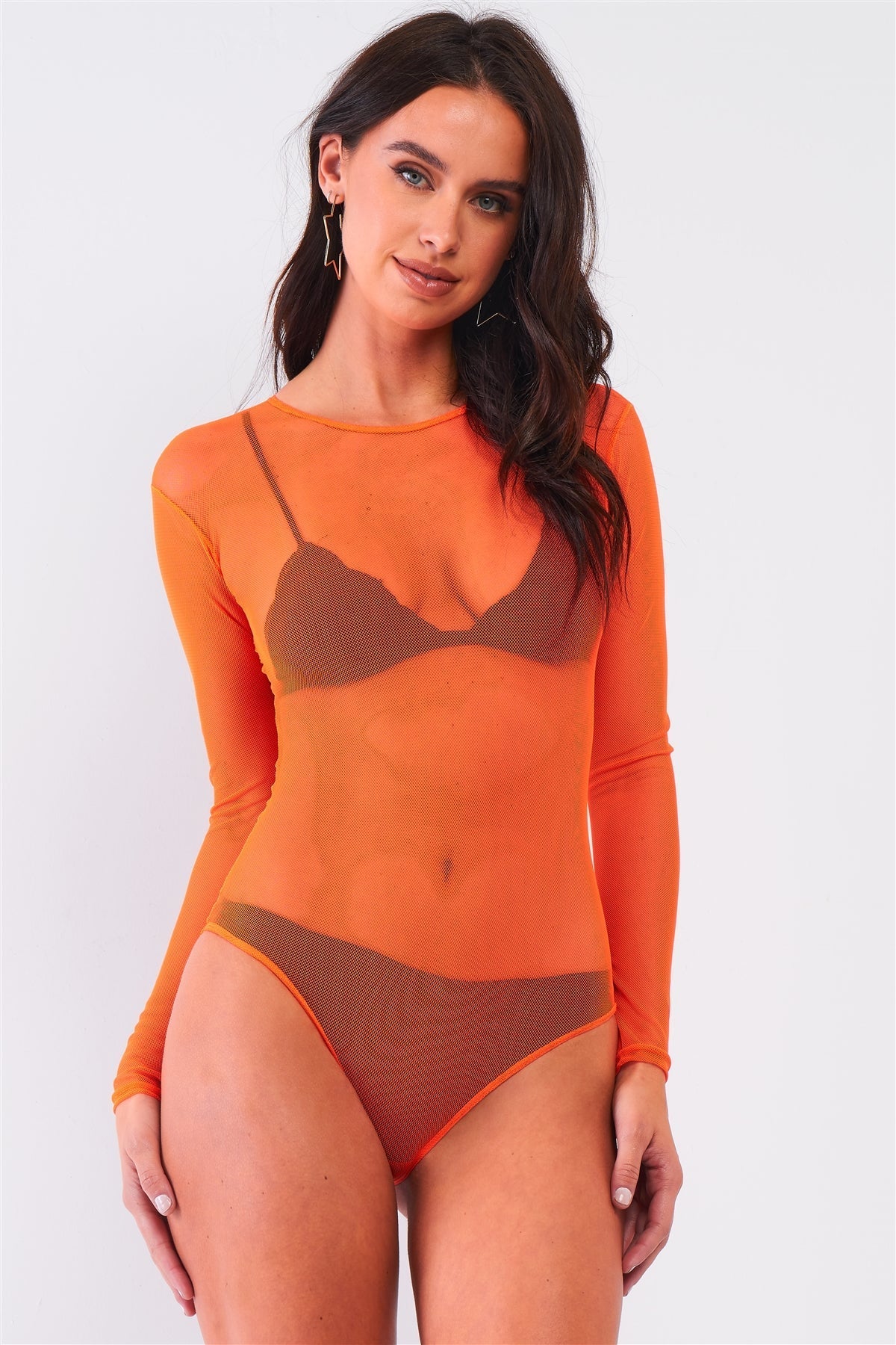 Sexy Fine Fishnet Sheer Mesh Crew Neck Long Sleeve Bodysuit Look Up Deals