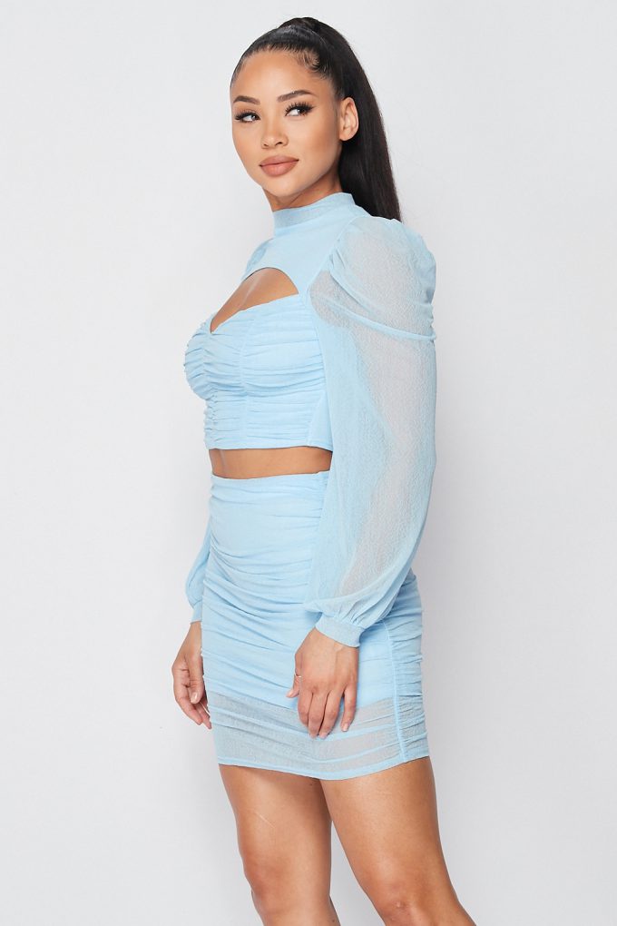 Sexy Sheer Cutout Puff Sleeved Top And Skirt Set Look Up Deals