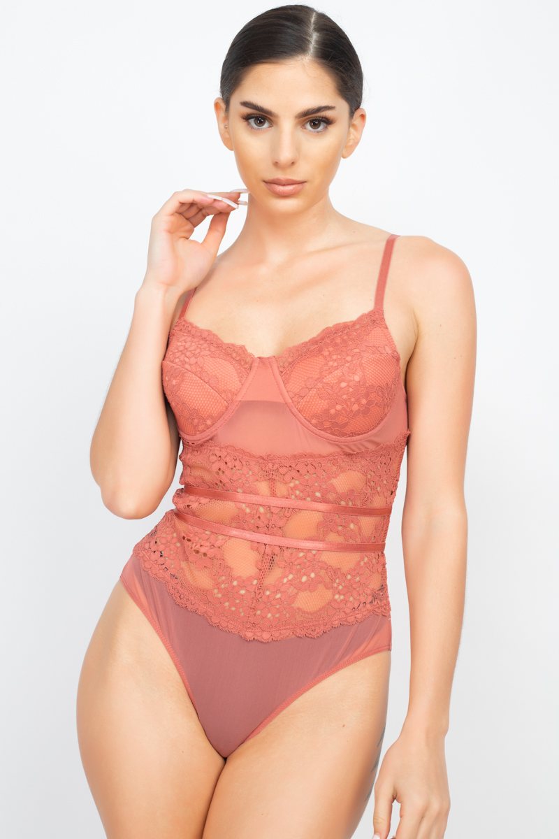 Sheer Lace Floral Padded Bodysuit Look Up Deals