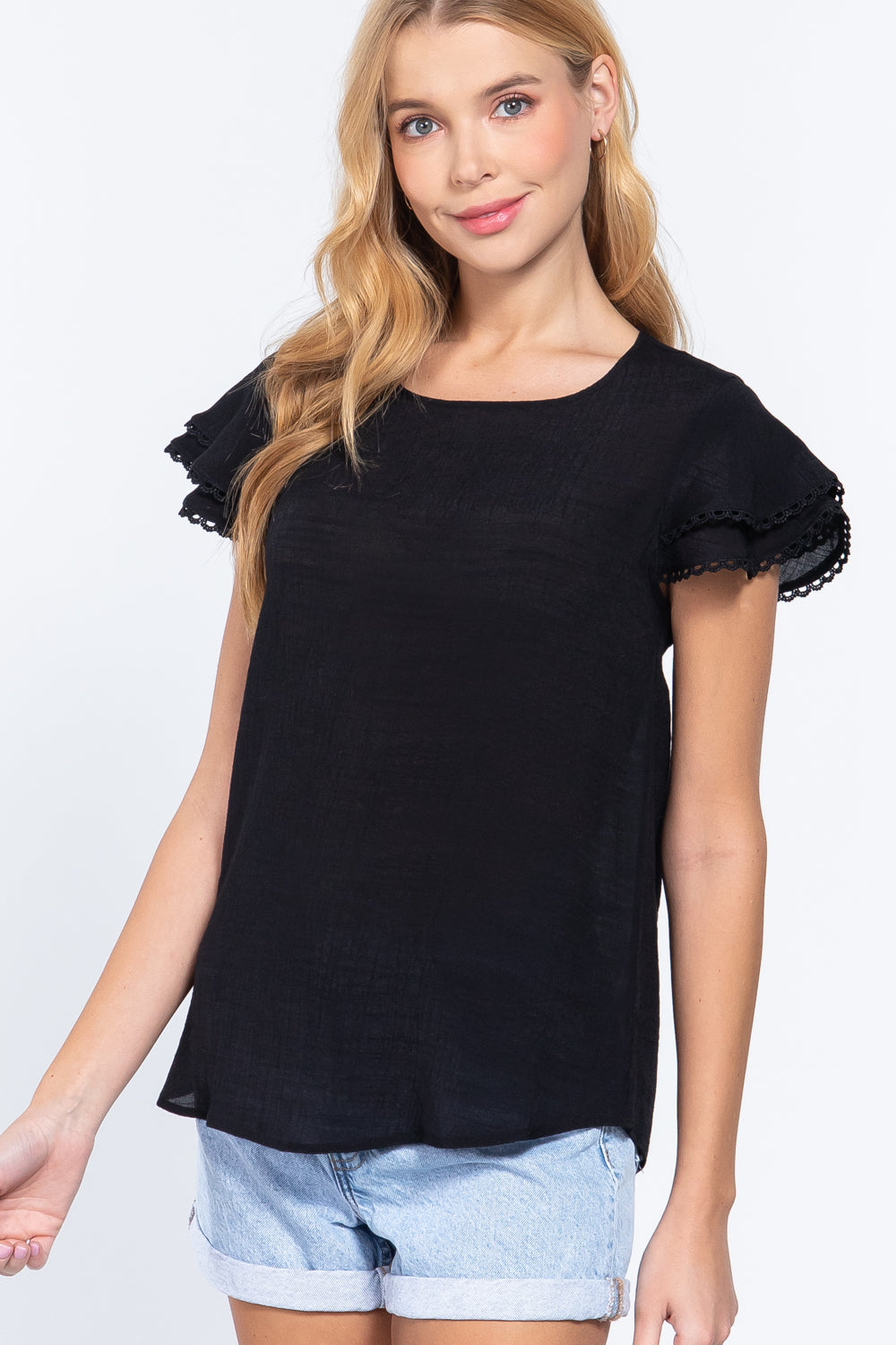 Short Cap Ruffl Slv Woven Top Look Up Deals