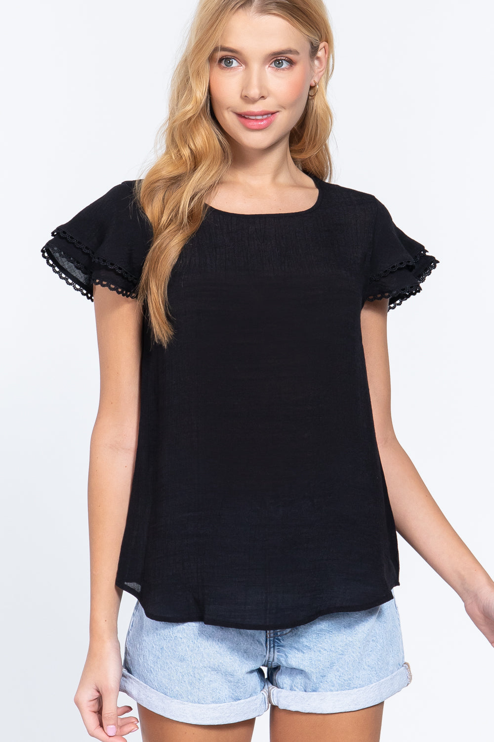 Short Cap Ruffl Slv Woven Top Look Up Deals