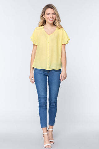 Short Ruffle Slv V-neck Woven Top Look Up Deals