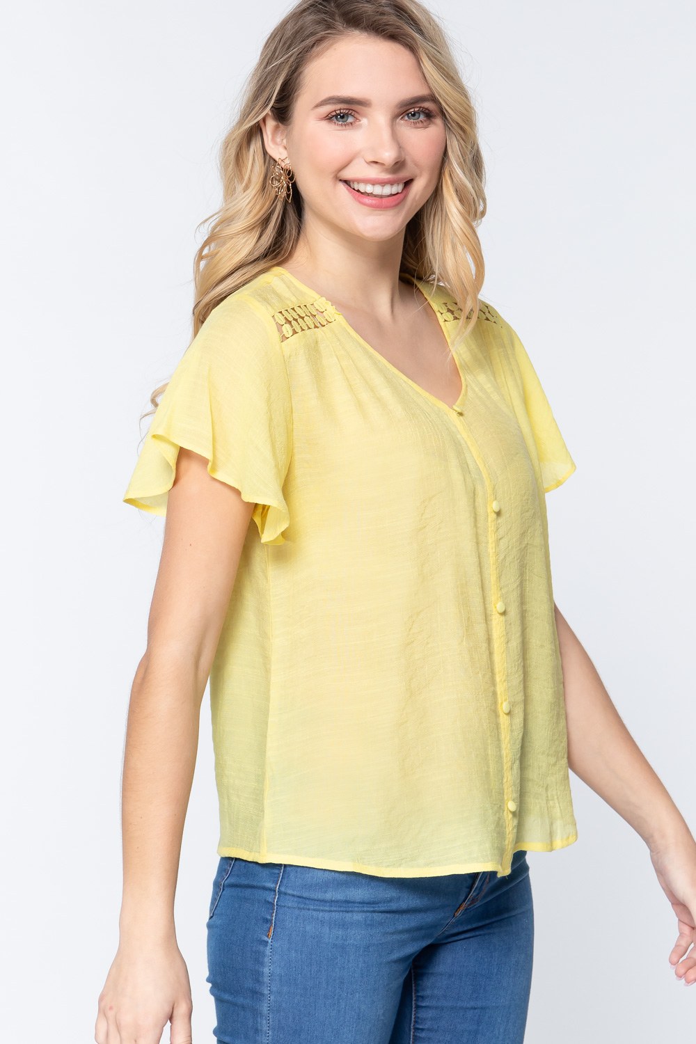 Short Ruffle Slv V-neck Woven Top Look Up Deals