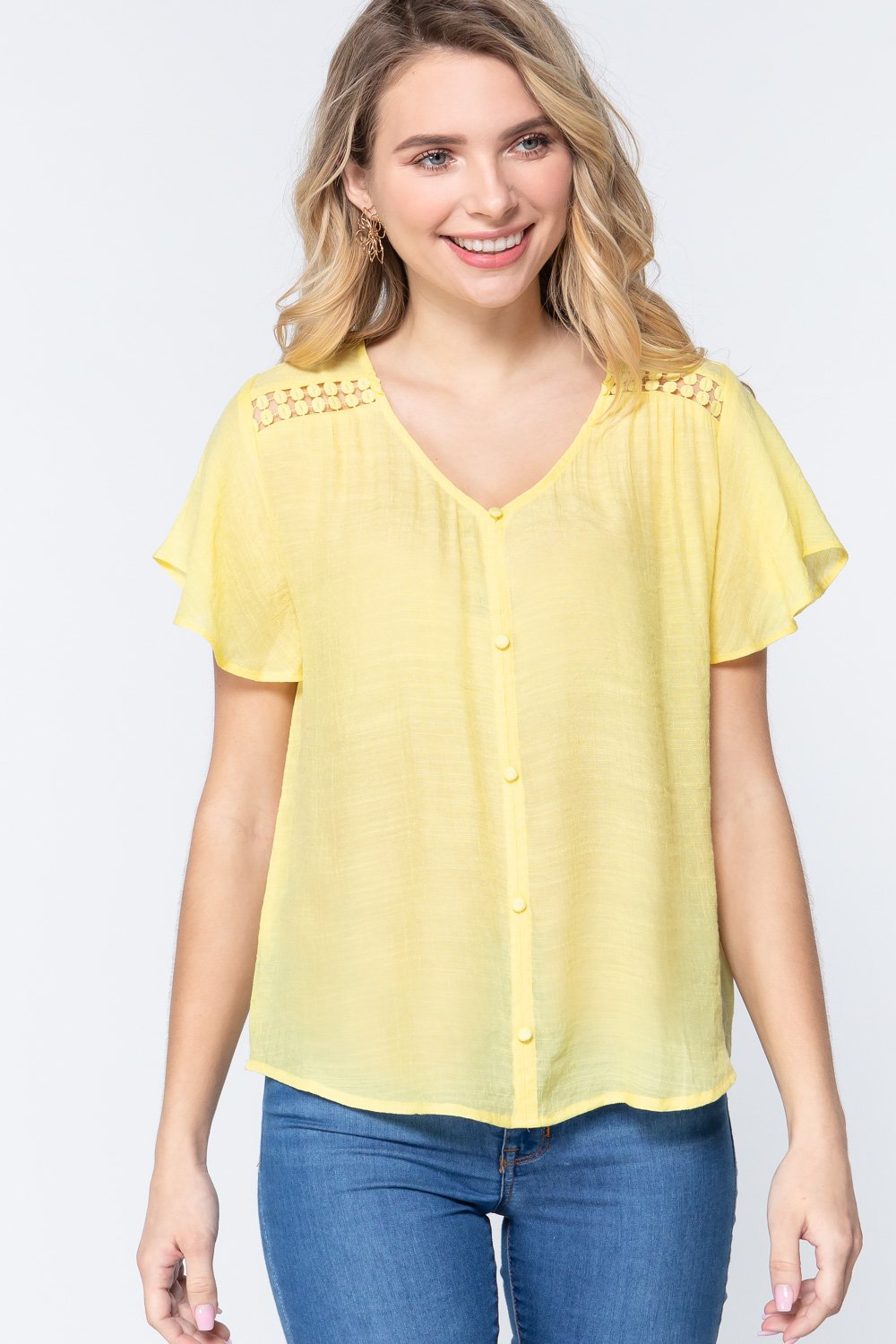 Short Ruffle Slv V-neck Woven Top Look Up Deals