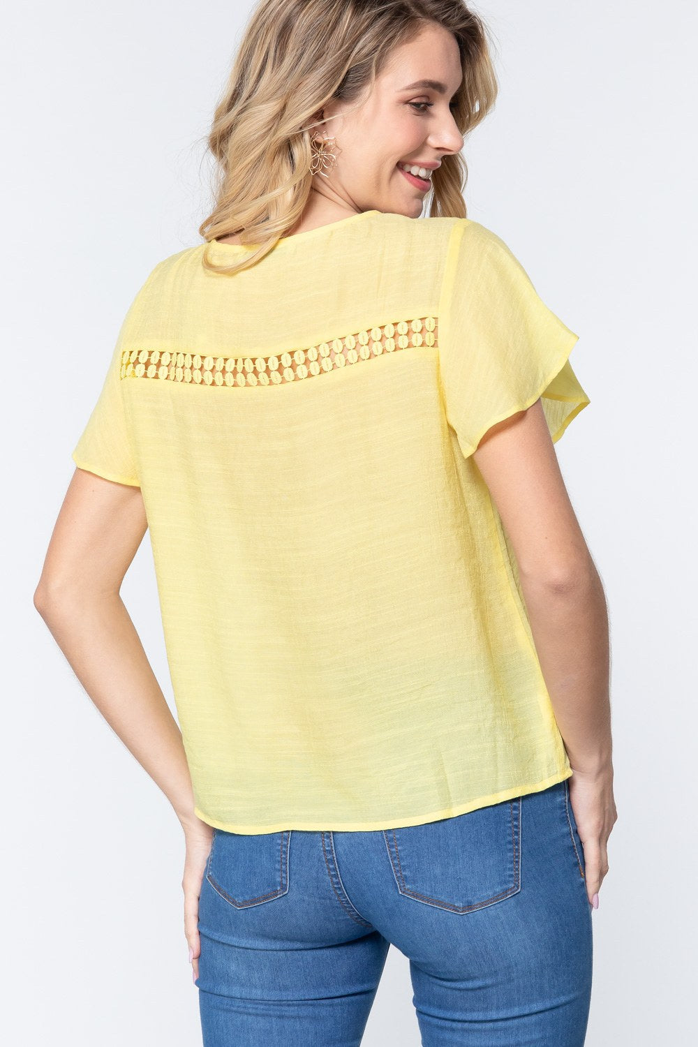 Short Ruffle Slv V-neck Woven Top Look Up Deals