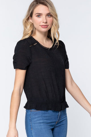 Short Shirring Slv Pleated Woven Top Look Up Deals