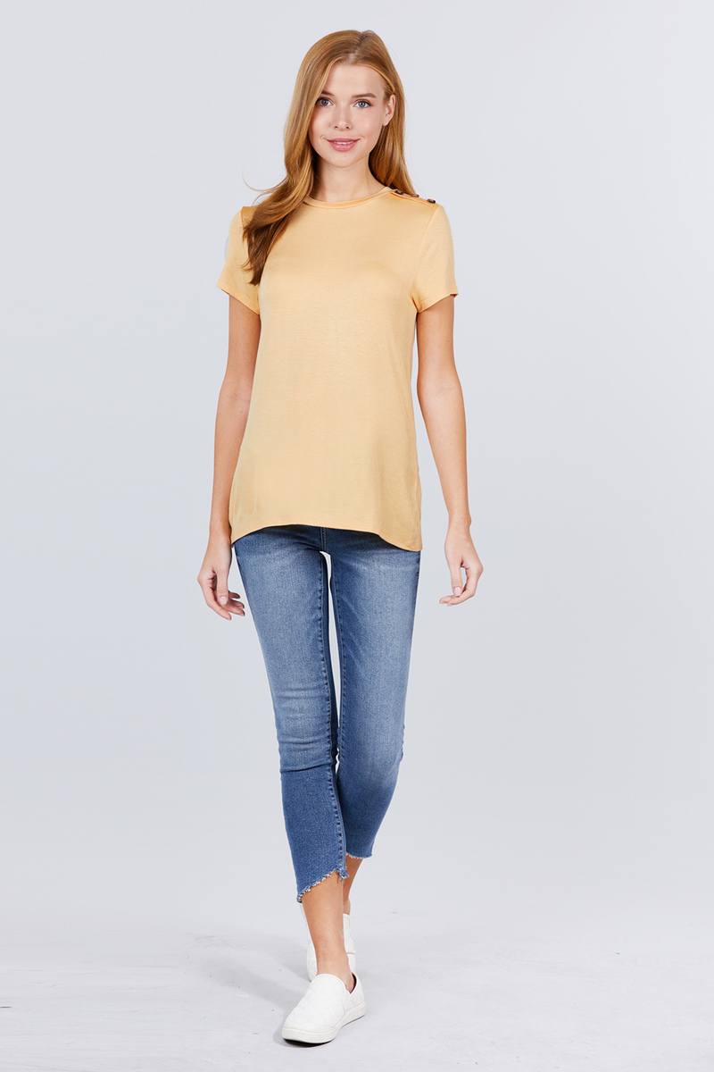 Short Sleeve Crew Neck W/shoulder Button Detail Rayon Spandex Top Look Up Deals