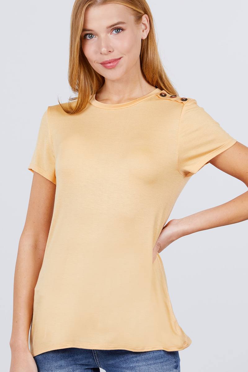 Short Sleeve Crew Neck W/shoulder Button Detail Rayon Spandex Top Look Up Deals