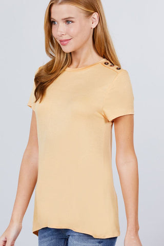 Short Sleeve Crew Neck W/shoulder Button Detail Rayon Spandex Top Look Up Deals