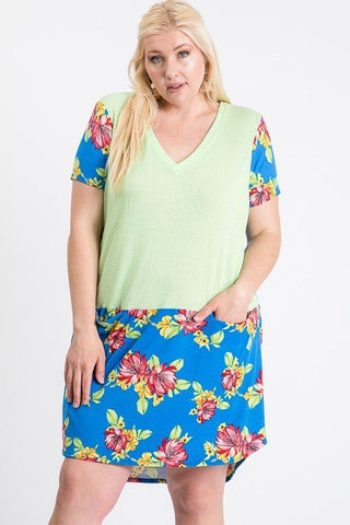 Short Sleeve Floral Blocked Midi Dress With Front Pocket Look Up Deals