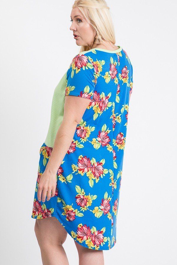 Short Sleeve Floral Blocked Midi Dress With Front Pocket Look Up Deals