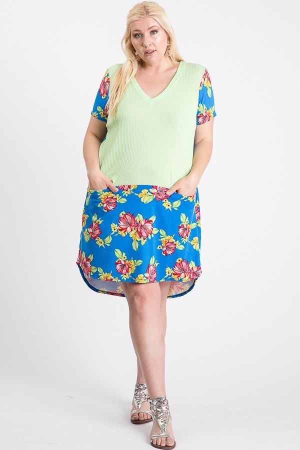 Short Sleeve Floral Blocked Midi Dress With Front Pocket Look Up Deals