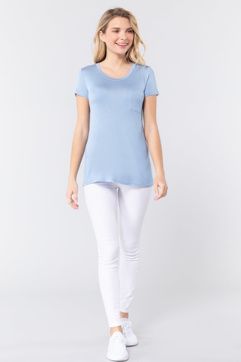 Short Sleeve Scoop Neck Top With Pocket Look Up Deals