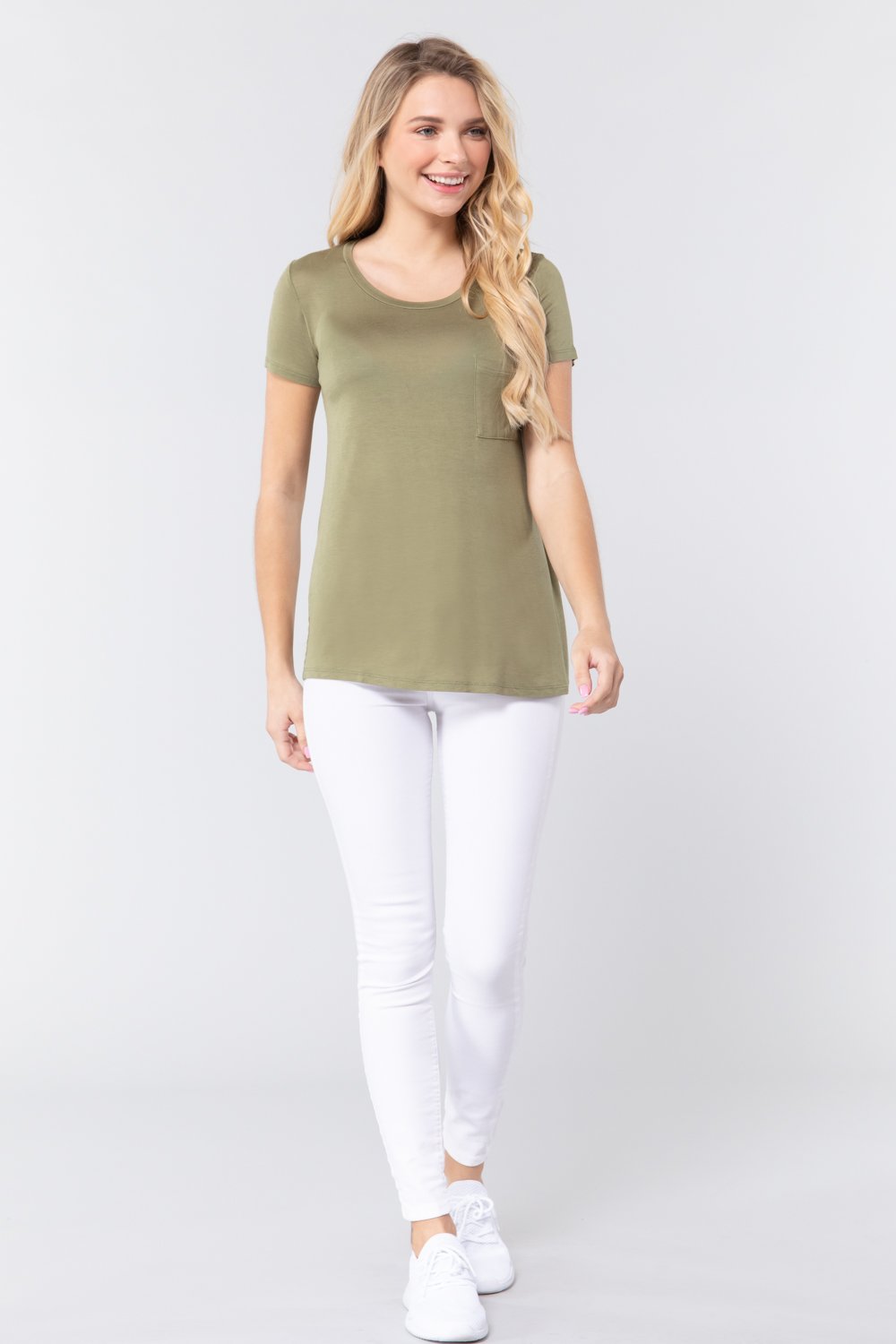 Short Sleeve Scoop Neck Top With Pocket Look Up Deals