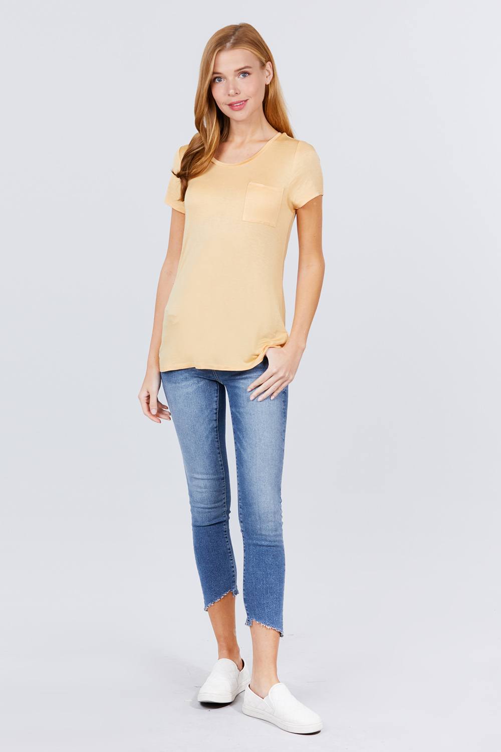 Short Sleeve Scoop Neck Top With Pocket Look Up Deals