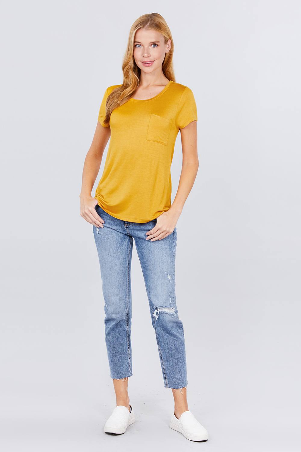 Short Sleeve Scoop Neck Top With Pocket Look Up Deals