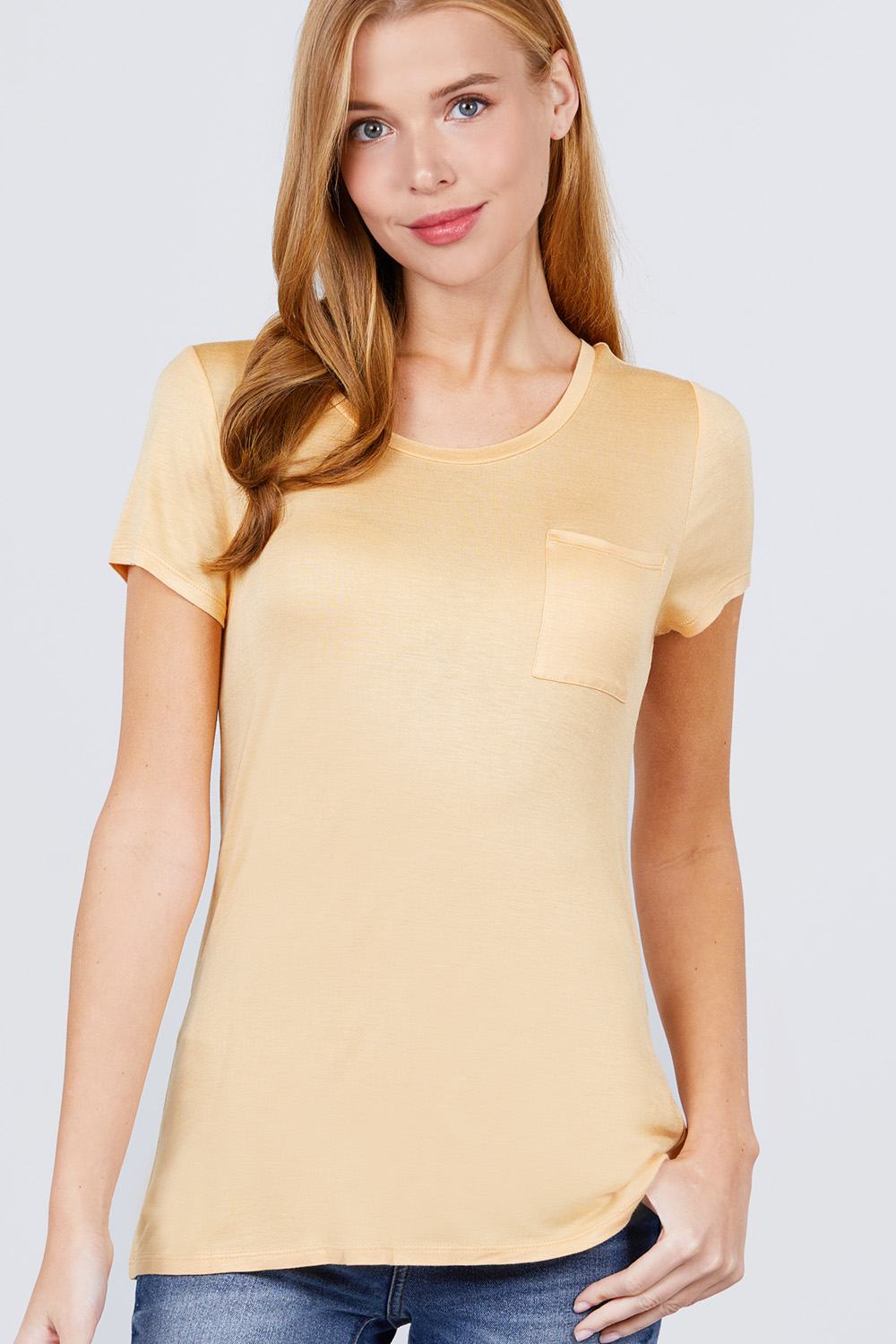 Short Sleeve Scoop Neck Top With Pocket Look Up Deals