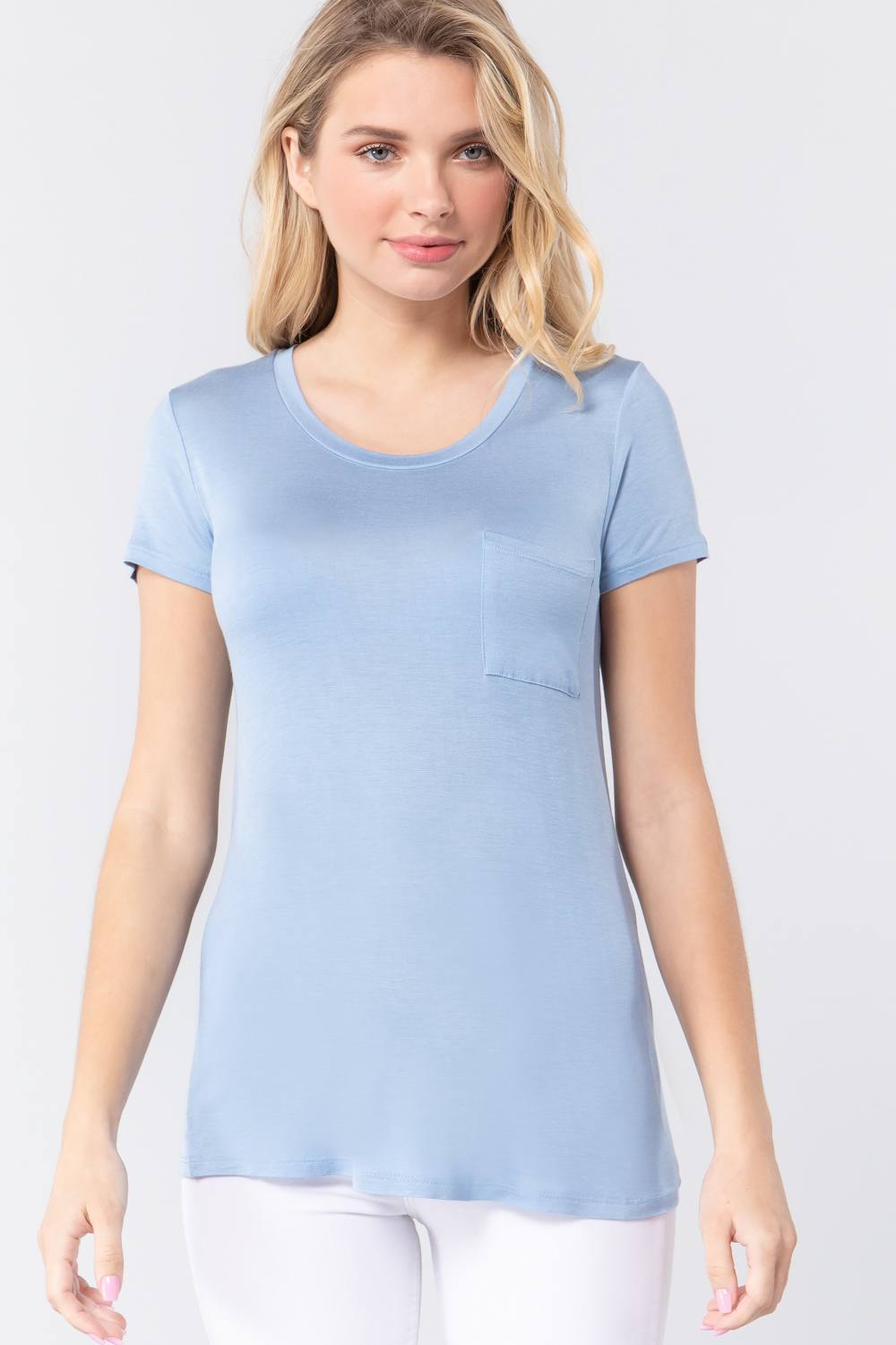 Short Sleeve Scoop Neck Top With Pocket Look Up Deals