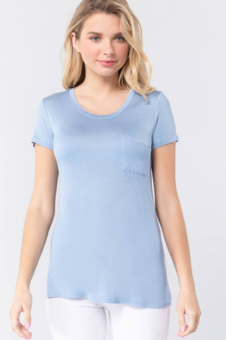 Short Sleeve Scoop Neck Top With Pocket Look Up Deals