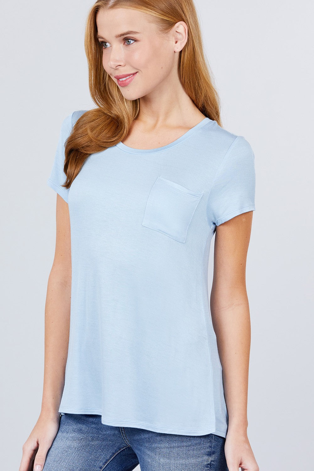 Short Sleeve Scoop Neck Top With Pocket Look Up Deals