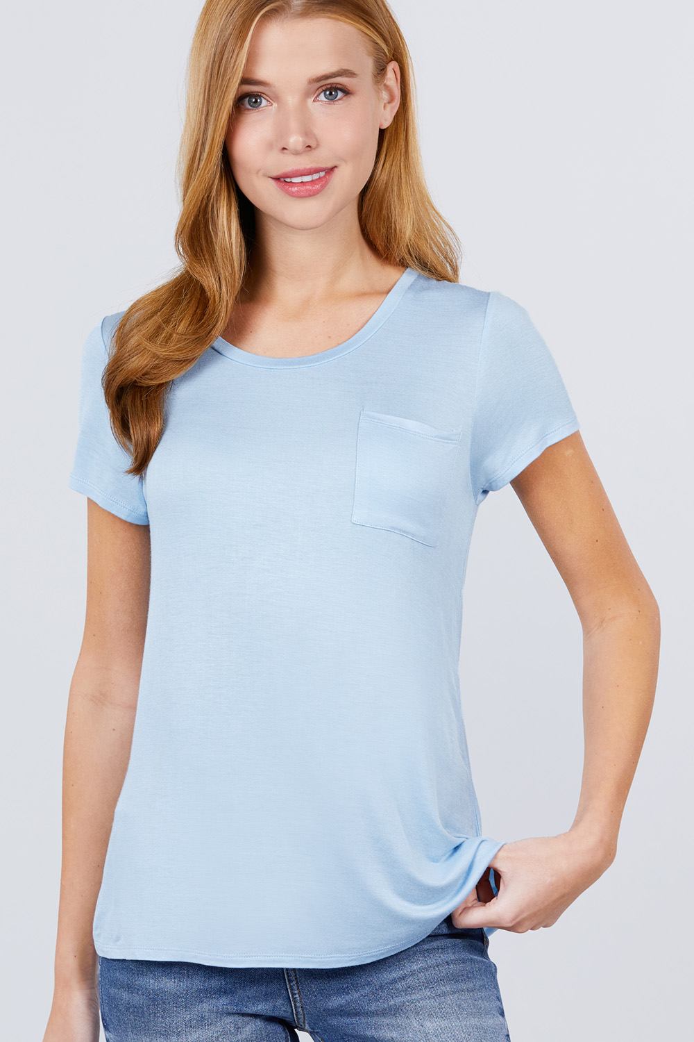 Short Sleeve Scoop Neck Top With Pocket Look Up Deals