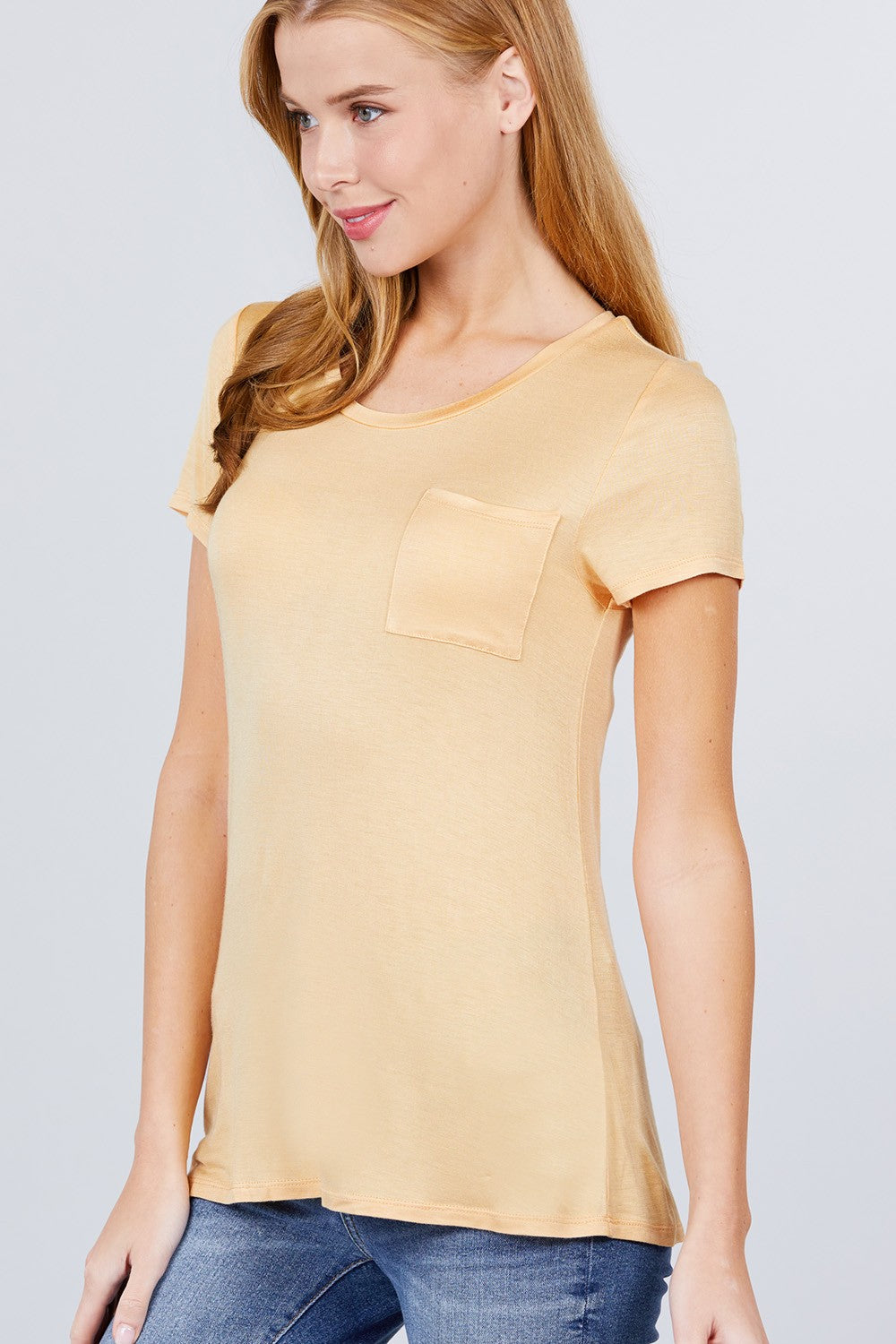 Short Sleeve Scoop Neck Top With Pocket Look Up Deals