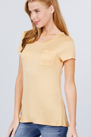 Short Sleeve Scoop Neck Top With Pocket Look Up Deals