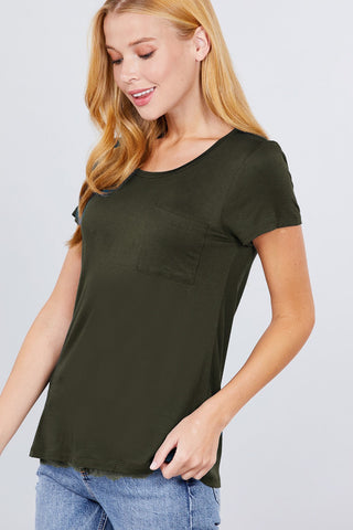 Short Sleeve Scoop Neck Top With Pocket Look Up Deals