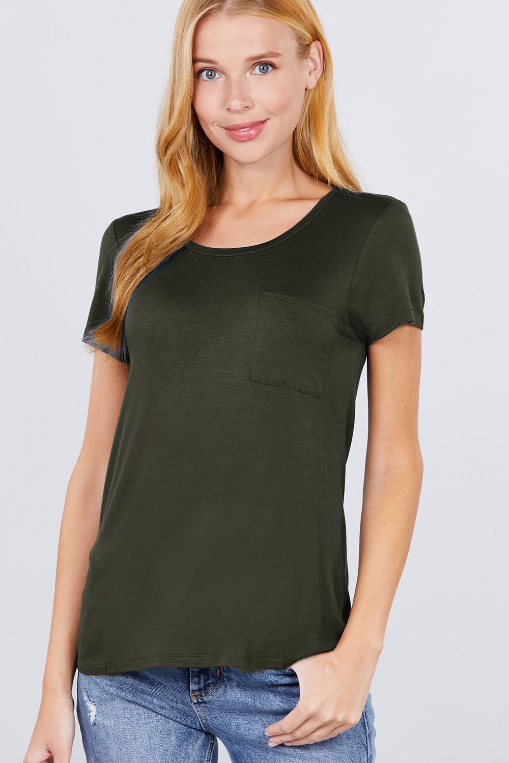 Short Sleeve Scoop Neck Top With Pocket Look Up Deals