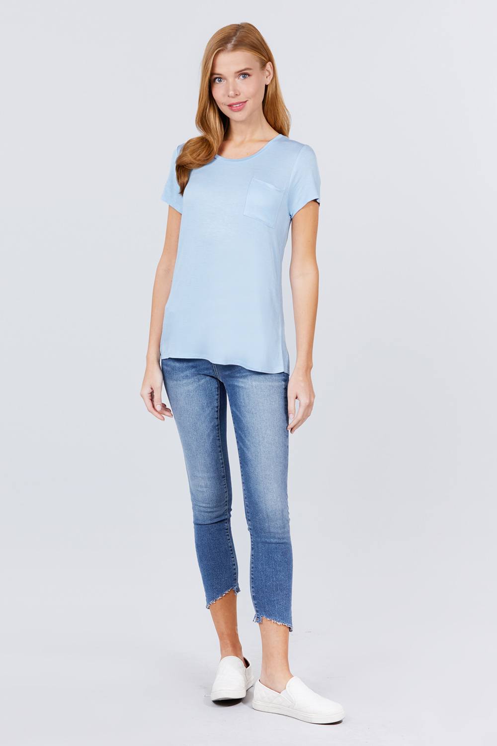 Short Sleeve Scoop Neck Top With Pocket Look Up Deals