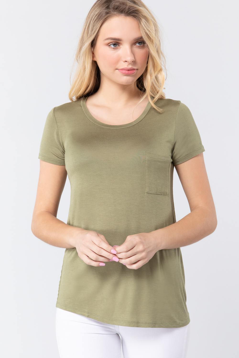 Short Sleeve Scoop Neck Top With Pocket Look Up Deals