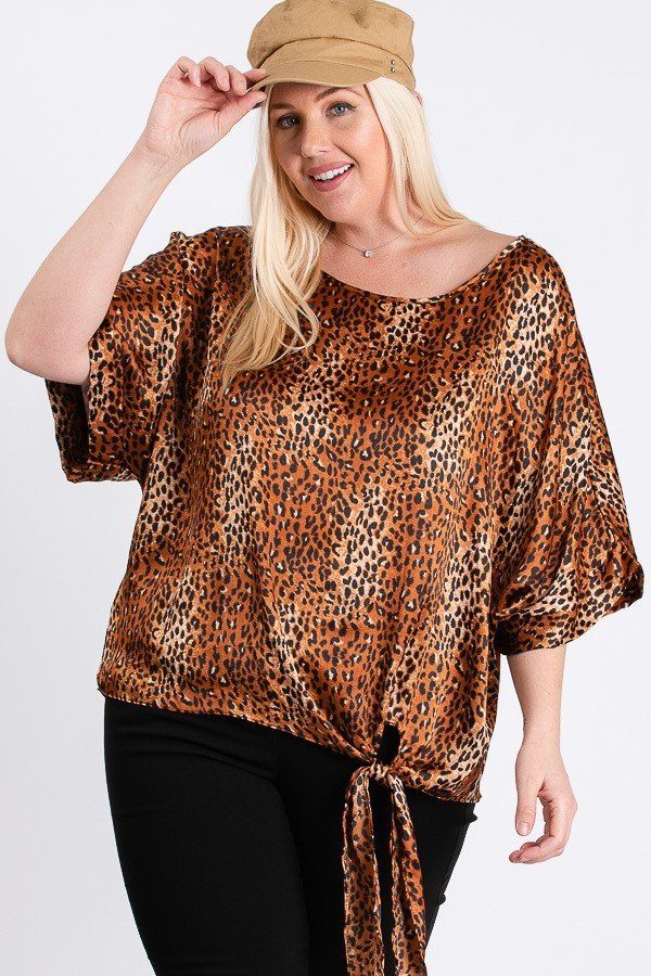 Short Sleeve Side Knot Hemline Leopard Print Woven Top Look Up Deals