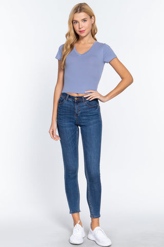 Short Sleeve V-neck Crop Top Look Up Deals