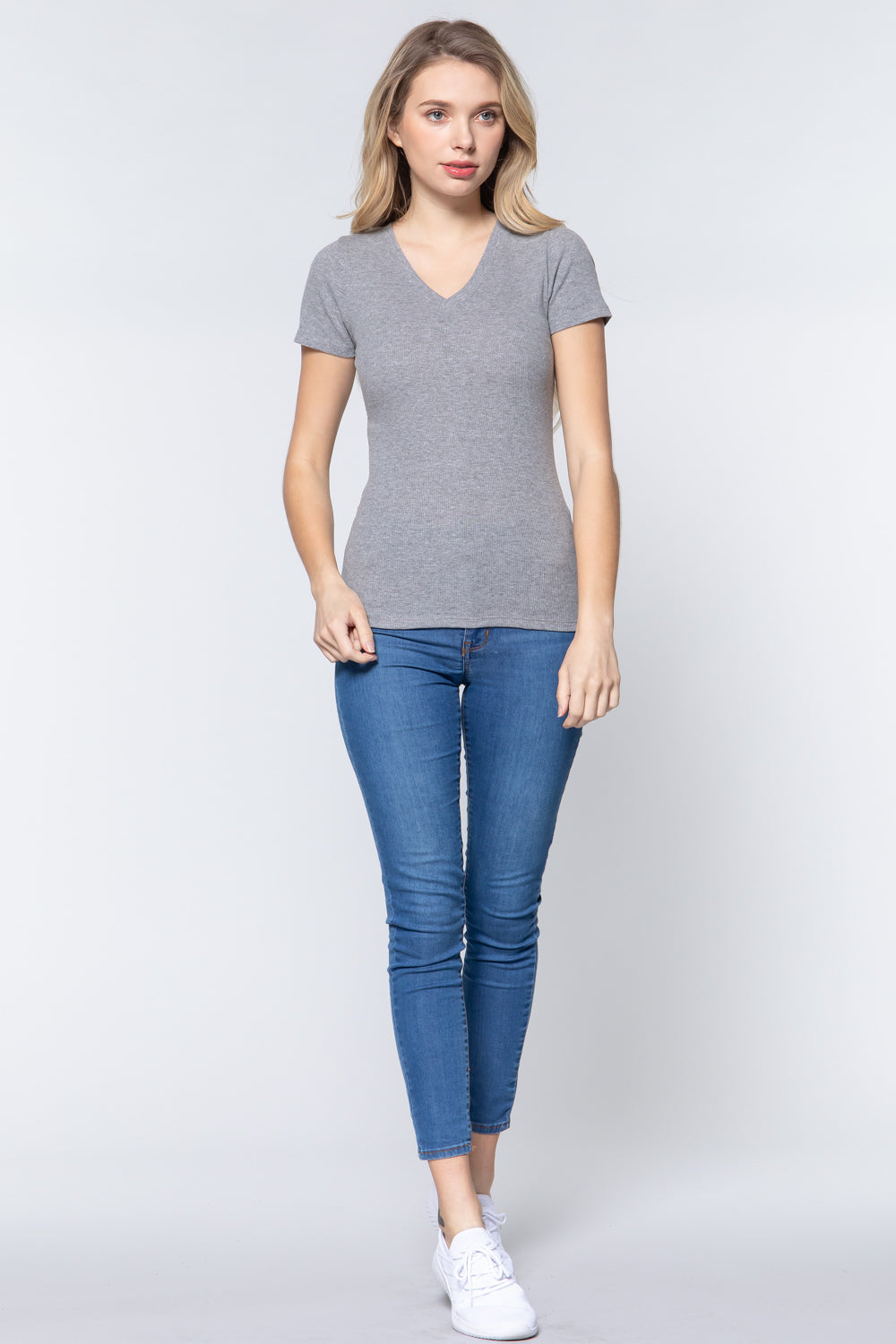 Short Sleeve V-neck Rib Top Look Up Deals