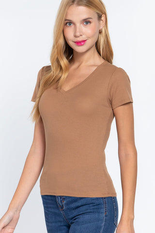 Short Sleeve V-neck Rib Top Look Up Deals